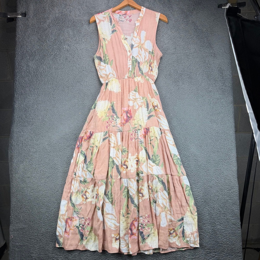 Unbranded Pink Floral Gauze Tiered Maxi Dress Gold‎ Fleck Sleeveless V-Neck L/XL